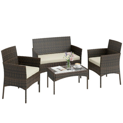 4pc Rattan Garden Furniture Conversation Set with Cushions and Tempered Glass Table for Outdoor Relaxing Outsunny