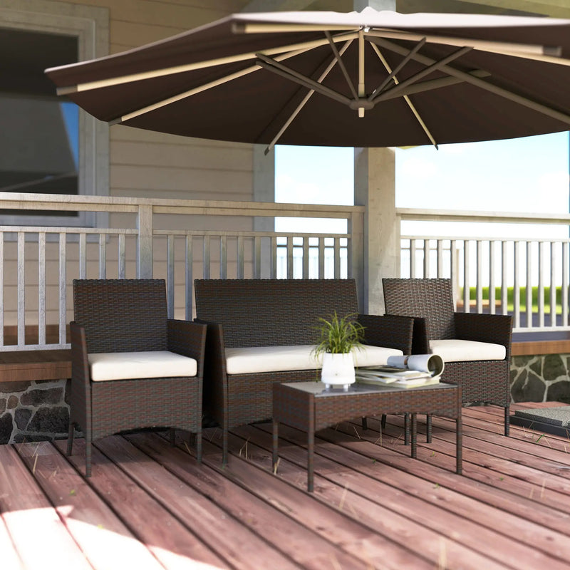 4pc Rattan Garden Furniture Conversation Set with Cushions and Tempered Glass Table for Outdoor Relaxing Outsunny