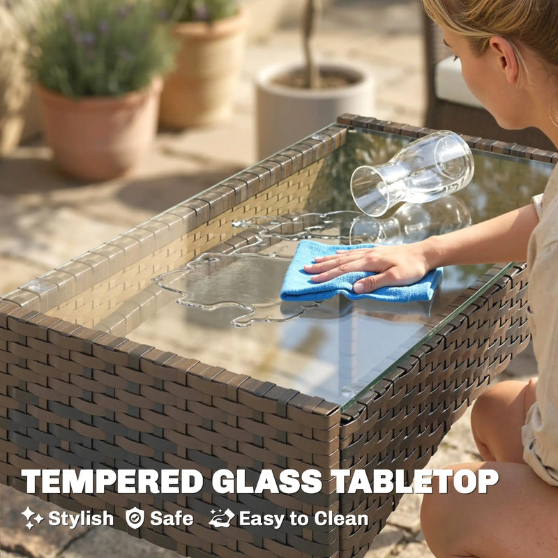 4pc Rattan Garden Furniture Conversation Set with Cushions and Tempered Glass Table for Outdoor Relaxing Outsunny