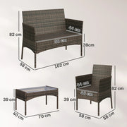4pc Rattan Garden Furniture Conversation Set with Cushions and Tempered Glass Table for Outdoor Relaxing Outsunny