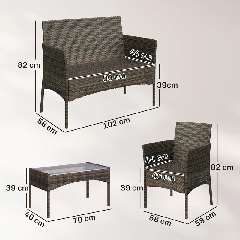 4pc Rattan Garden Furniture Conversation Set with Cushions and Tempered Glass Table for Outdoor Relaxing Outsunny
