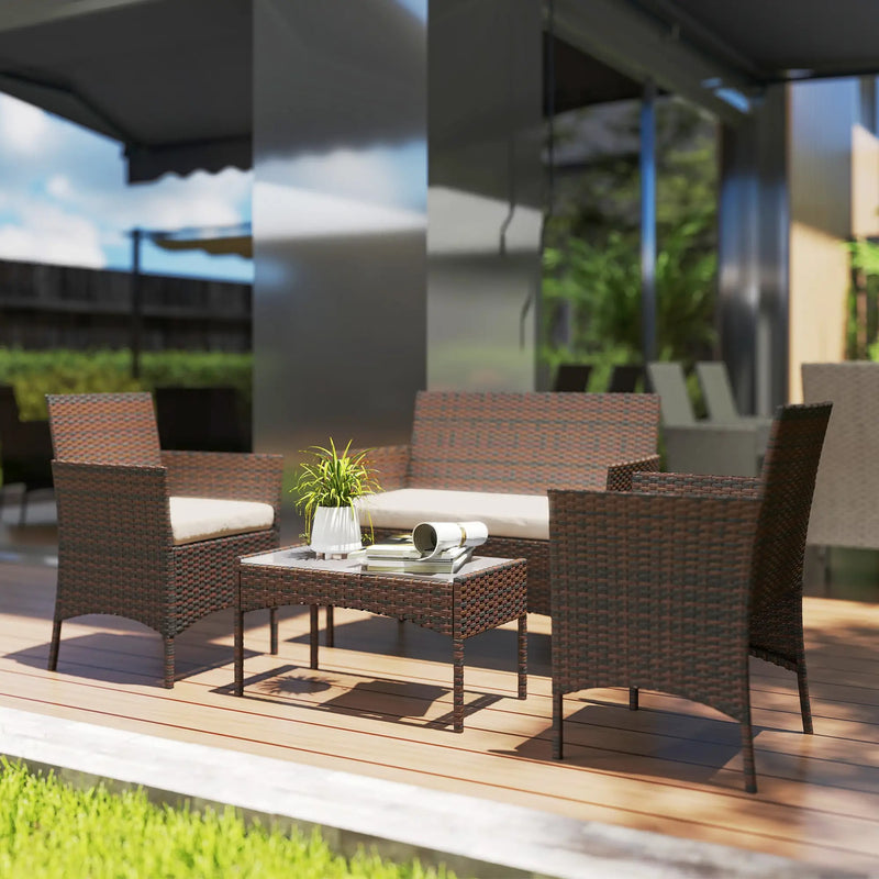 4pc Rattan Garden Furniture Conversation Set with Cushions and Tempered Glass Table for Outdoor Relaxing Outsunny
