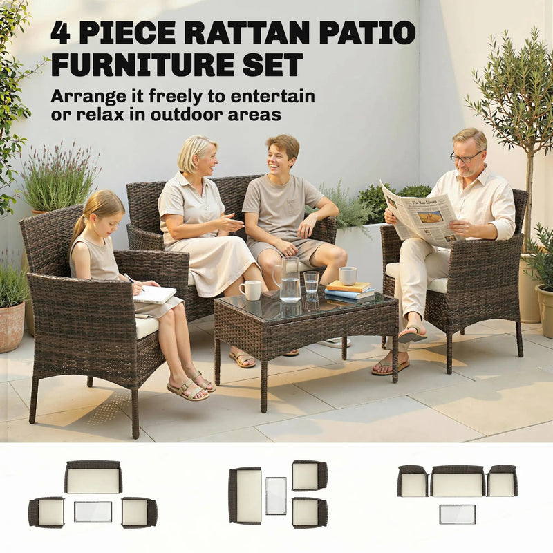 4pc Rattan Garden Furniture Conversation Set with Cushions and Tempered Glass Table for Outdoor Relaxing Outsunny
