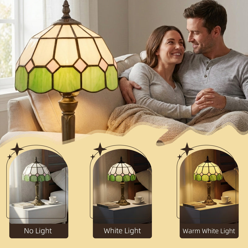 Stained Glass Table Lamp Tiffany Style - Handmade Glass Table Lamp with Art Deco Design for Living Room White & Green