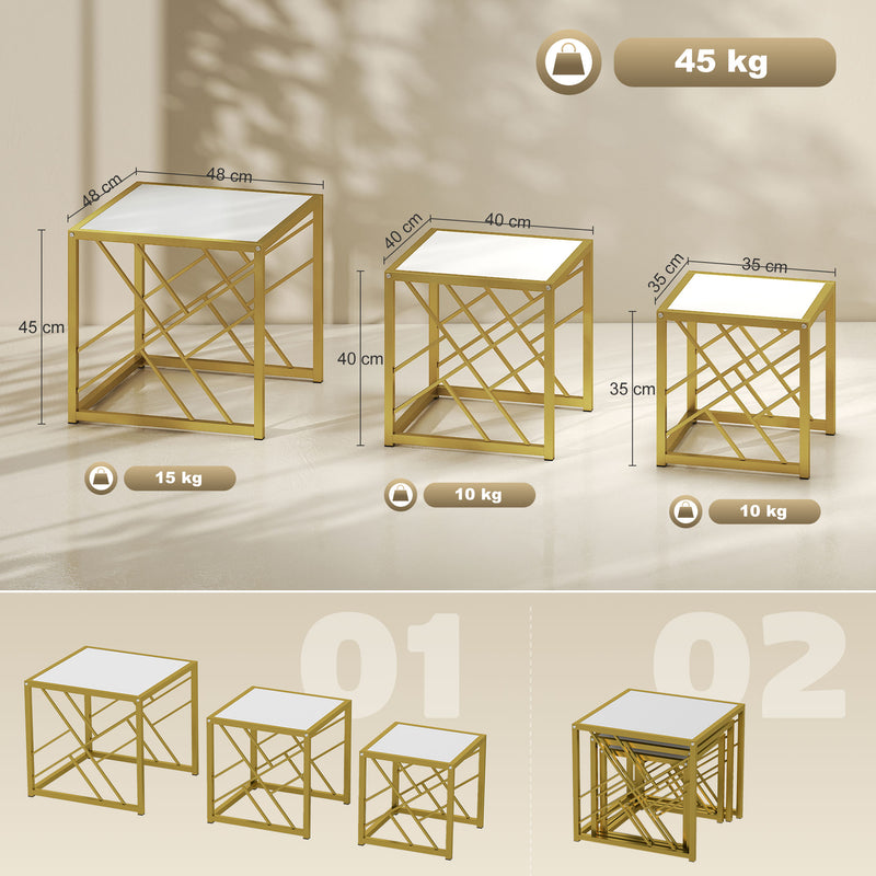 Coffee Tables, Nesting Coffee Tables for Living Room Set of 3 - Gold Metal Frame & White Tops