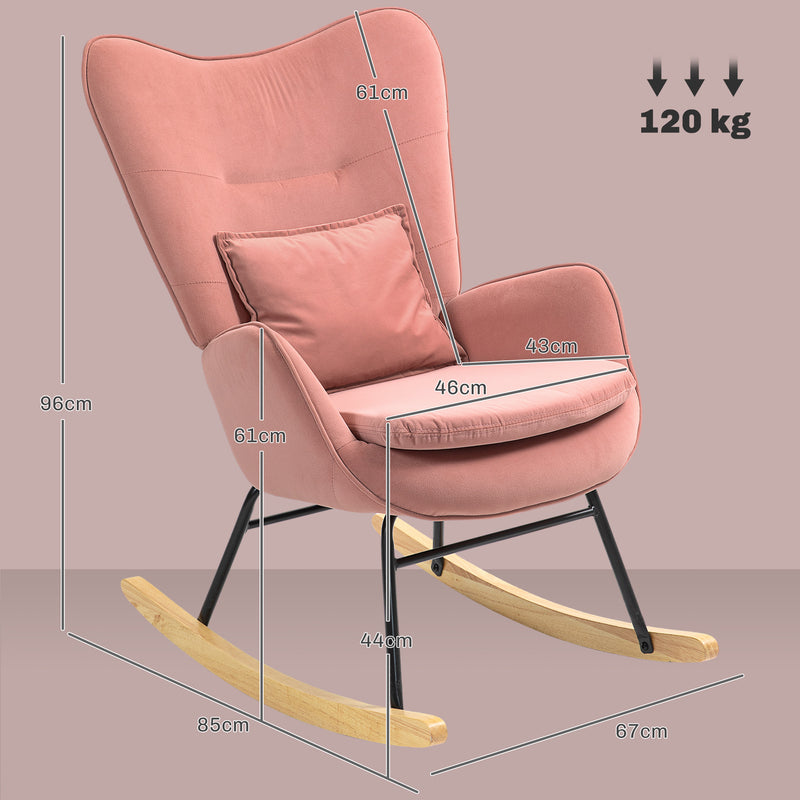 Pink Velvet Feel Rocking Armchair with Padded Seat and Wooden Base by HOMCOM
