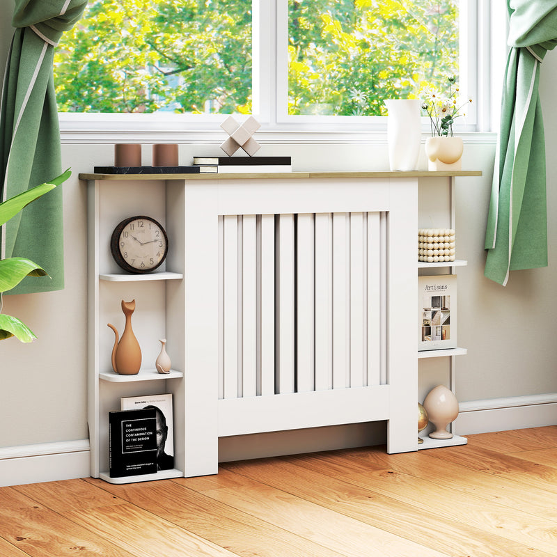 White Radiator Cover Cabinet with Open Shelves Ideal for Living Room or Hallway, 124W x 19D x 83H cm
