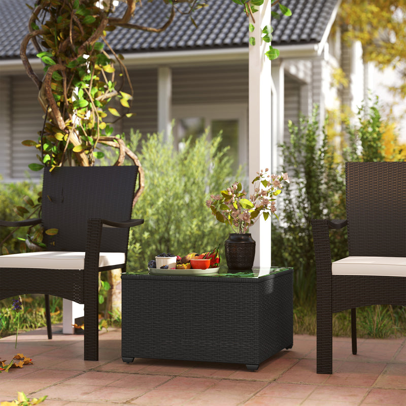 Black Rattan Side Table with Glass Top 62 x 62cm for Garden and Patio by Outsunny