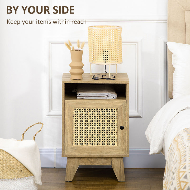 2 Piece Rattan Bedside Tables With Shelf and Cupboard for Bedroom Storage Natural