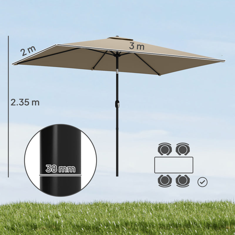 3x2m Garden Parasol with Adjustable Tilt for Easy Sun Protection on Patios and Lawns Outsunny