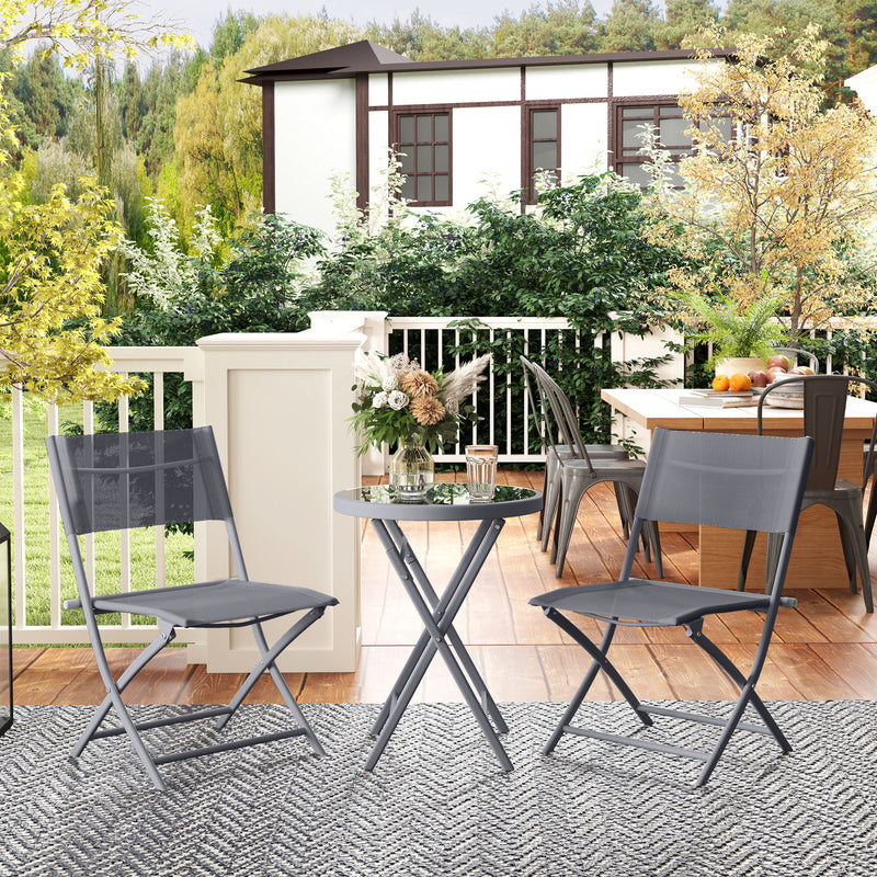 3 Piece Outdoor Bistro Set with Glass Table and Folding Chairs Grey by Outsunny