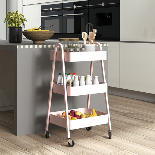 Pink Three Tier Rolling Storage Trolley with Wheels for Home or Office Use