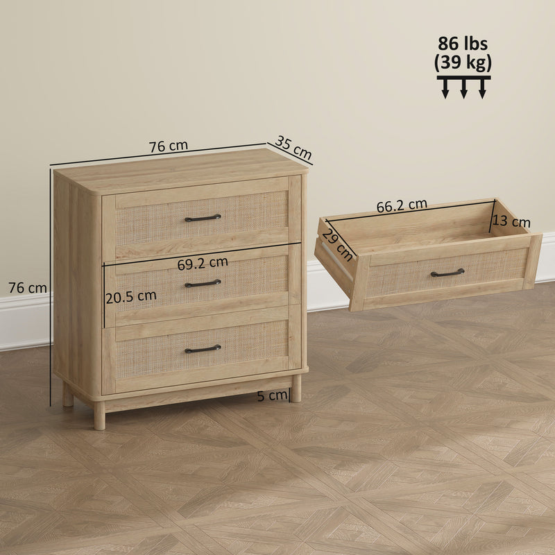 Wooden 3 Drawer Dresser For Bedroom or Living Room - Oak Finish - 76 x 35 x 76cm
