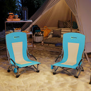 Set of 2 Blue Folding Beach Chairs with Mesh Back Carry Bag and Cup Holder for Camping