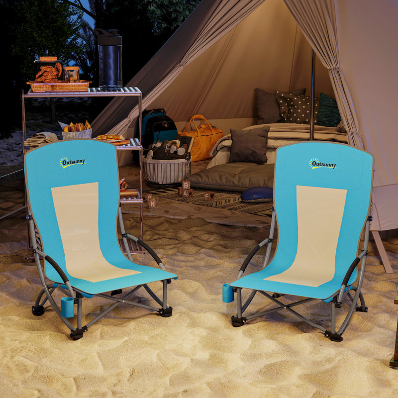 Set of 2 Blue Folding Beach Chairs with Mesh Back Carry Bag and Cup Holder for Camping
