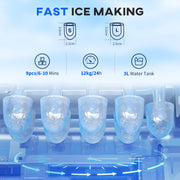 3L Ice Maker and Water Dispenser Produces 12kg Daily with Fast 9 Cube Cycles, Red