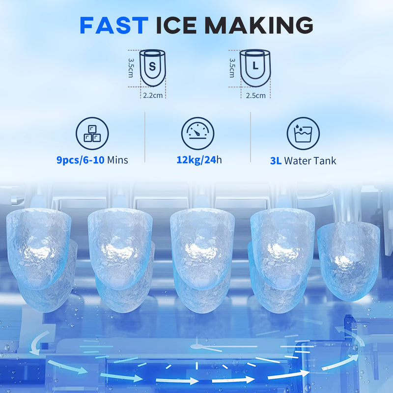 3L Ice Maker and Water Dispenser Produces 12kg Daily with Fast 9 Cube Cycles, Red