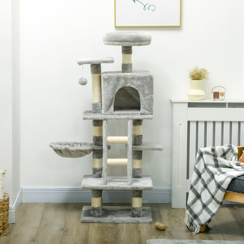 132cm Cat Tree Tower with Scratching Post Hammock and Toys for Indoor Cats Grey