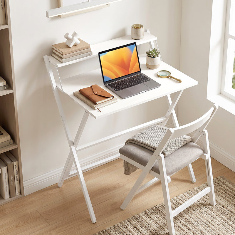 Folding Desk for Small Spaces with Monitor Shelf and Sturdy Steel Frame White