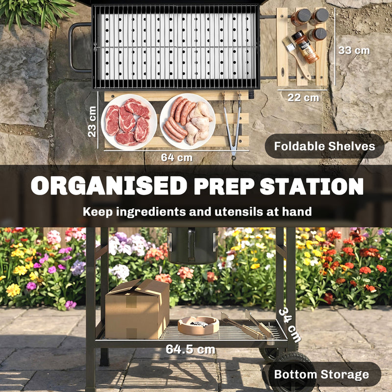 Barrel Charcoal BBQ Grill for Easy Outdoor Cooking with Large Cooking Area and Storage Black Outsunny
