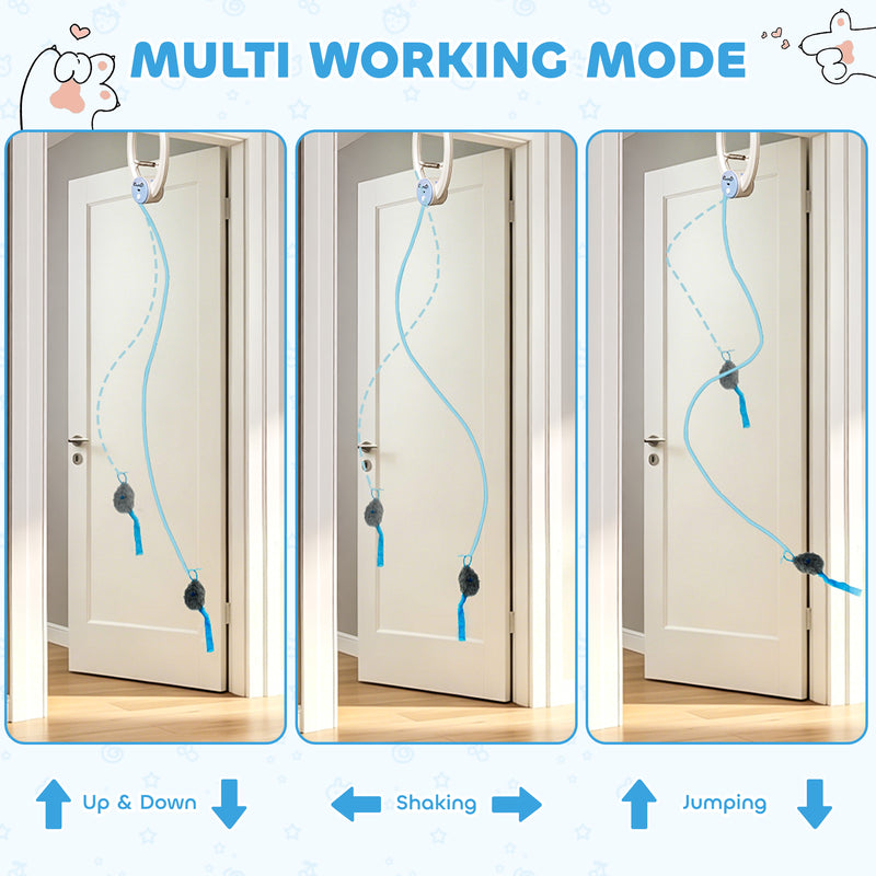 Automatic Doorway Cat Toy With Timer For Indoor Play And Scratch Prevention White Blue Pawhut