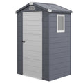 Grey Outsunny 4x3ft plastic garden shed with a white door and side window