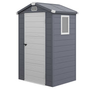 Grey Outsunny 4x3ft plastic garden shed with a white door and side window