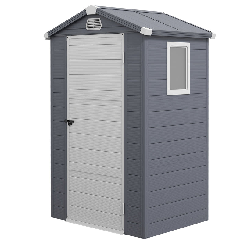 Grey Outsunny 4x3ft plastic garden shed with a white door and side window