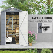Open shed door showing the 74 by 180 cm opening, with a close-up of the black latch