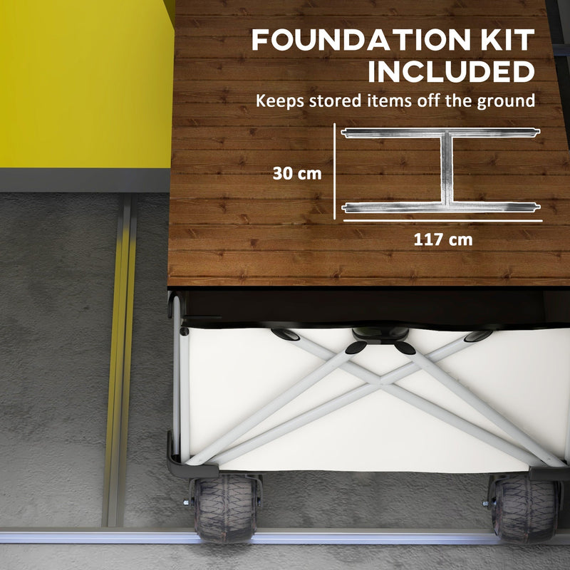 Included metal foundation kit under the shed floor, measuring 117 cm across