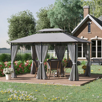 4x3m Metal Gazebo with Curtains, 2 Tier Roof, Dark Grey Outsunny