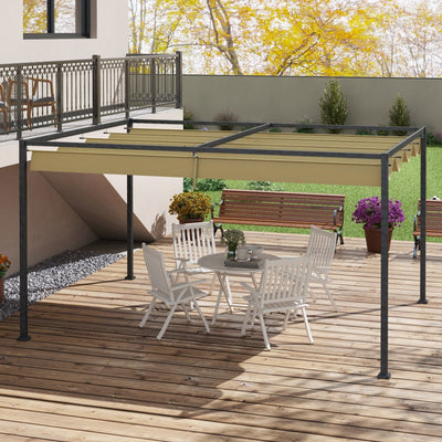 4x3m Metal Pergola With Retractable Roof, Khaki Outsunny