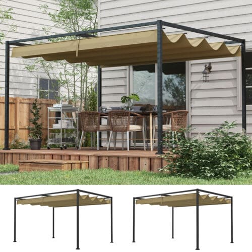 4x3m Metal Pergola With Retractable Roof, Khaki