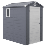 Grey 4x6ft Outsunny plastic garden shed with apex roof, side window and closed door