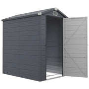 Studio view of the shed with the single door swung open showing the empty interior