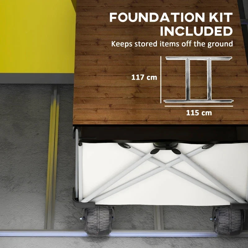 Feature panel showing the included galvanised steel foundation kit keeping items off the ground