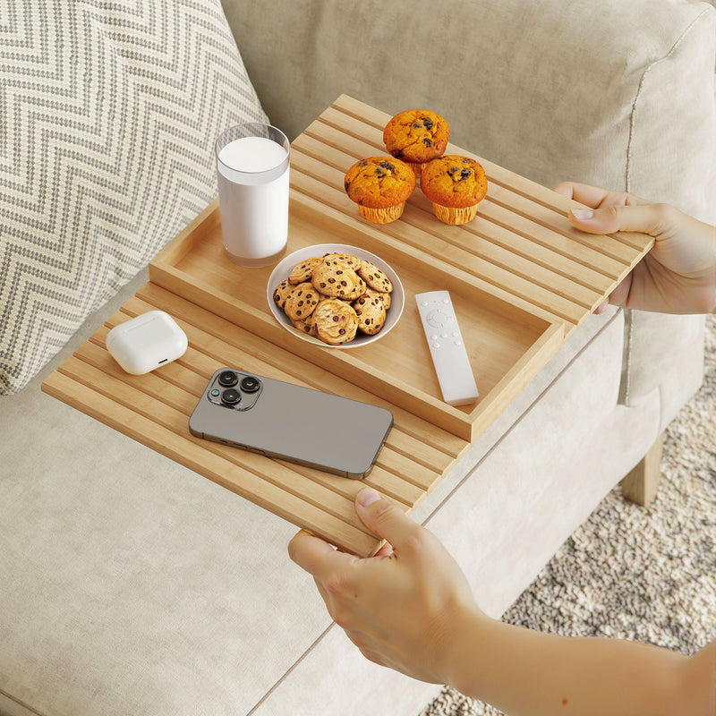 Sofa Arm Tray for Drinks and Snacks with Anti-Slip Base Bamboo Natural Wood Finish