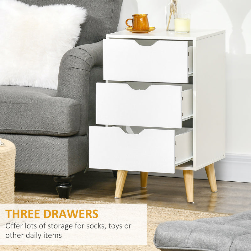 Bedside Table with 3 Drawers and Cut Out Handles for Bedroom Storage White