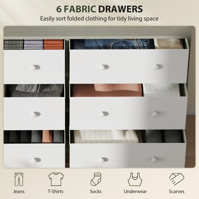 Fabric Chest of Drawers with 6 Spacious Storage Drawers Ideal for Bedroom or Nursery White Grey