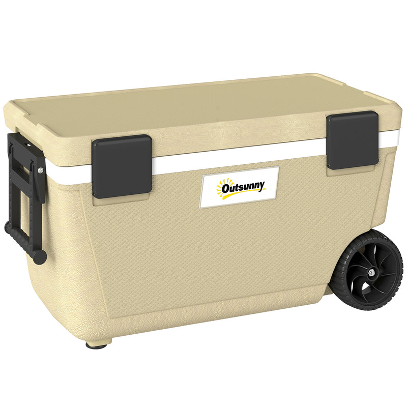 Outdoor Cooler Box | 70L | 72-Hour Ice Retention | Wheels & Handle | Khaki Outsunny