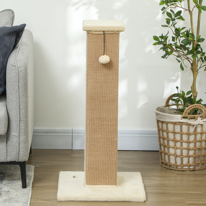 81cm Beige Cat Scratcher with Jute Rope Hanging Ball and Soft Plush Cover by PawHut