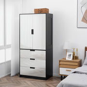 Modern 2 Door Bedroom Wardrobe with Hanging Rail and 3 Storage Drawers, High Gloss White