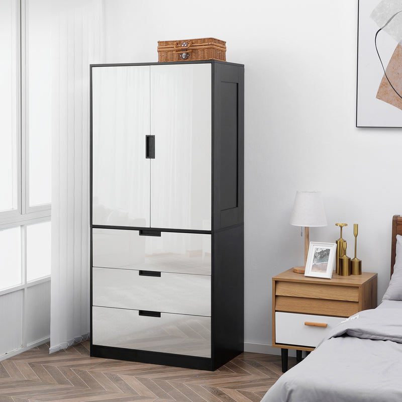 Modern 2 Door Bedroom Wardrobe with Hanging Rail and 3 Storage Drawers, High Gloss White