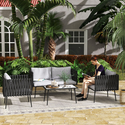 Light Grey 4 Seater Rattan Patio Furniture Set with Cushions by Outsunny