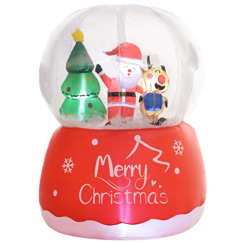 Inflated snow globe with Santa, a reindeer and a tree above a red Merry Christmas base
