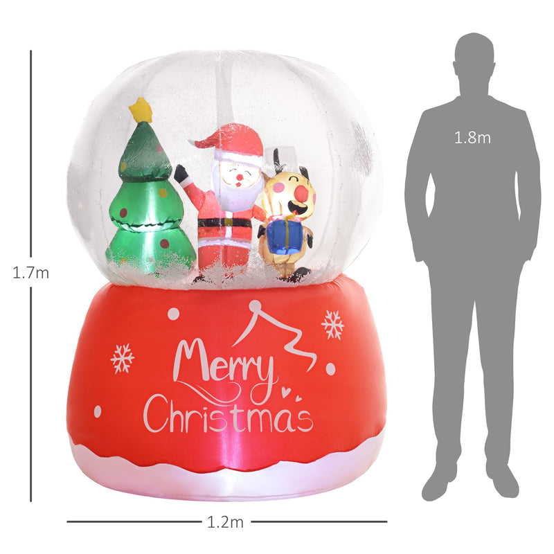 Snow globe inflatable dimensions diagram showing 1.7m high and 1.2m wide beside a 1.8m figure