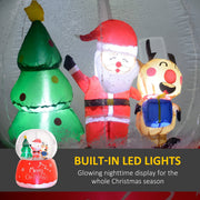 Close-up of Santa, the reindeer holding a blue gift and the tree with a built-in LED lights caption