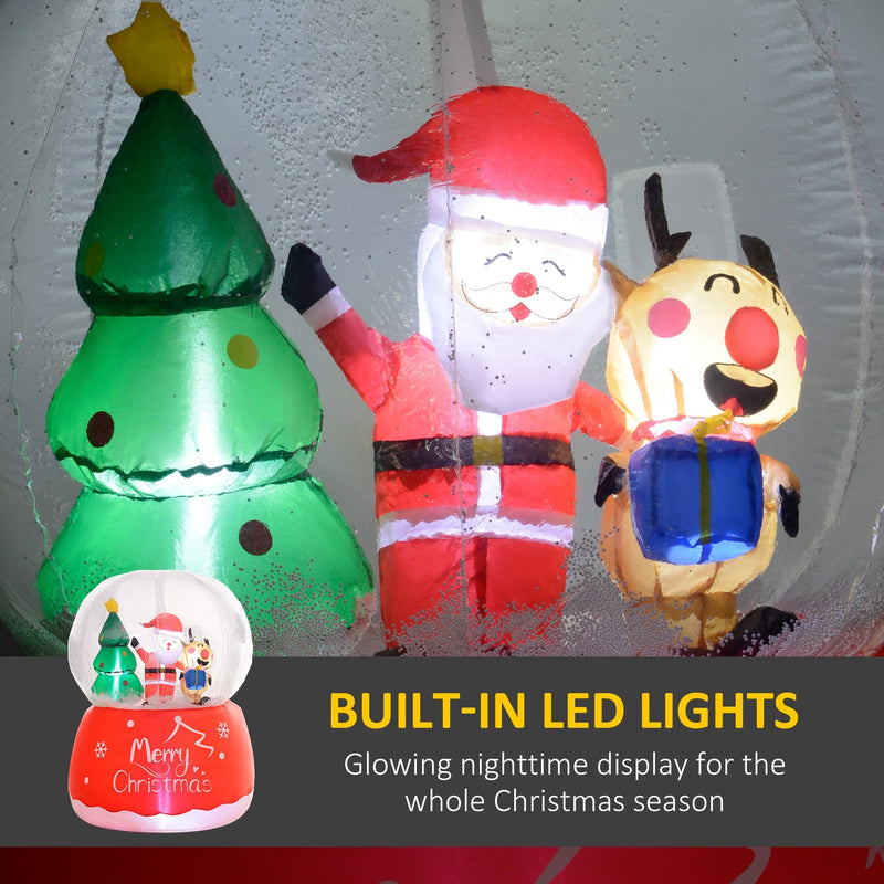 Close-up of Santa, the reindeer holding a blue gift and the tree with a built-in LED lights caption