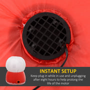 Close-up of the black fan vent on the red base with an instant setup caption