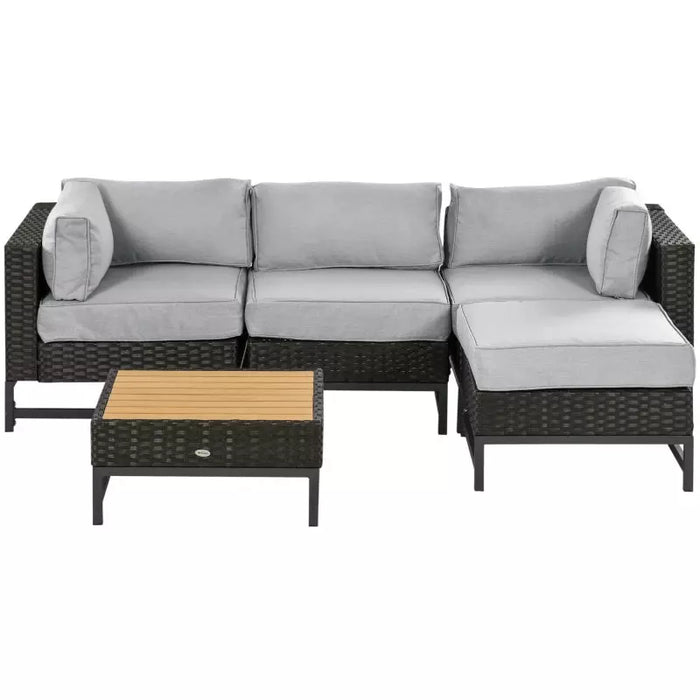 Outdoor Rattan Corner Sofa with Wood Grain Table & Cushions